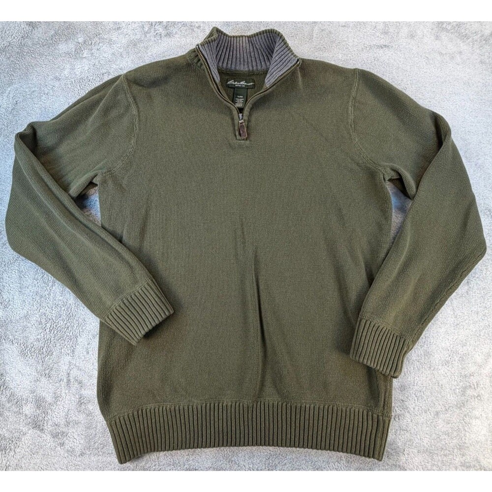 Eddie Bauer Men’s TL/GG Tall Large Quarter Zip Sweater Olive 100% Cotton Knit